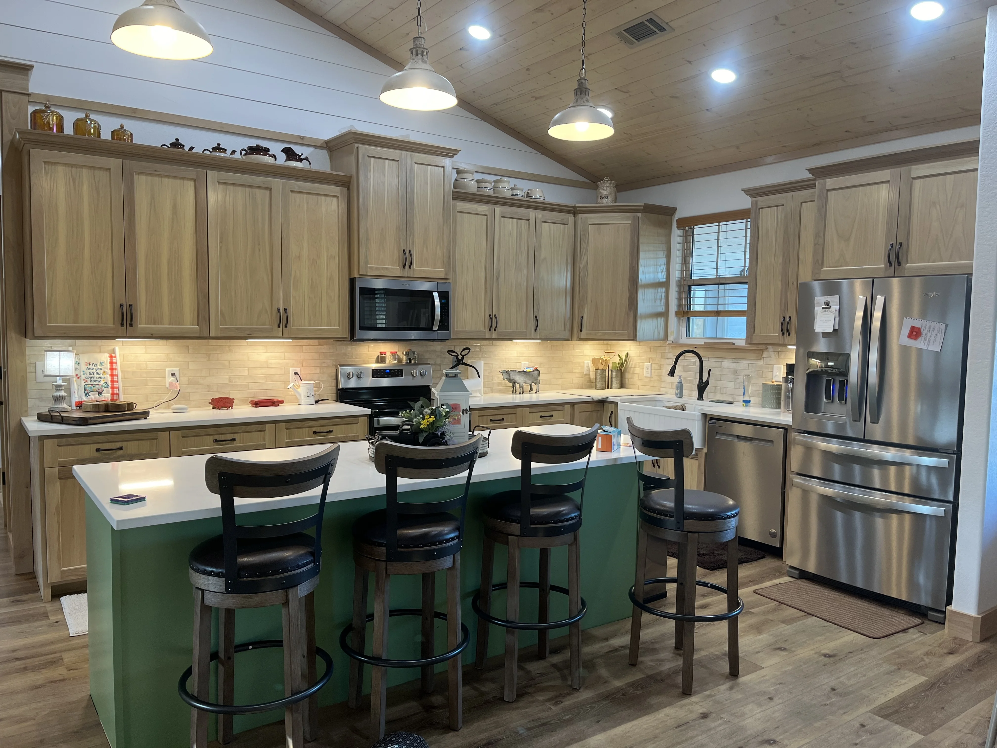 Light hickory kitchen with vaulted shiplap ceiling Muldrow OK
